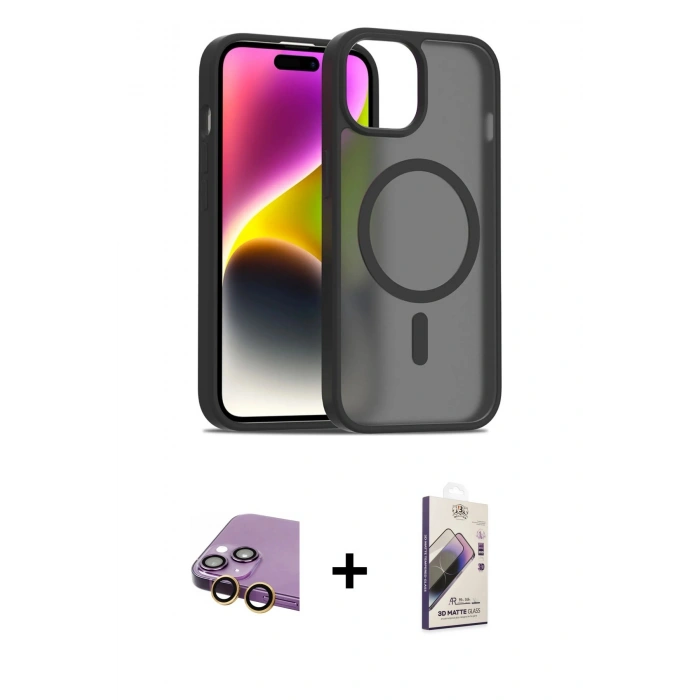 MARSİLYAN™- iPhone 15 Kılıf Siluet Minimal Prime - Siyah Bilvis 3D Mat Cam Ekran Koruyucu + Raze Metal Kamera Lens - SI