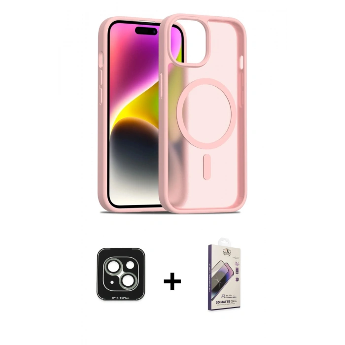 MARSİLYAN™- iPhone 15 Kılıf Siluet Minimal Prime - Siyah Bilvis 3D Mat Cam Ekran Koruyucu + PVD Metal Kamera Lens - YL
