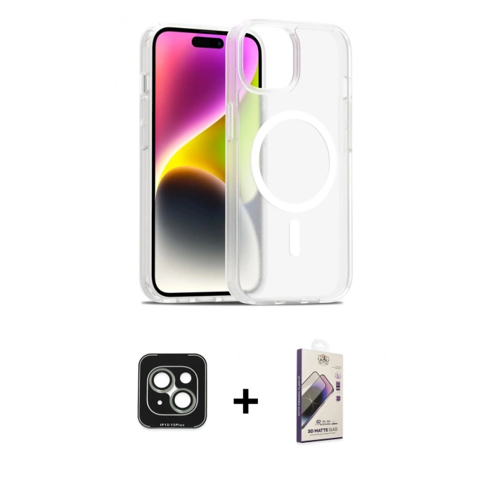 MARSİLYAN™- iPhone 15 Kılıf Siluet Minimal Prime - Siyah Bilvis 3D Mat Cam Ekran Koruyucu + PVD Metal Kamera Lens - YL