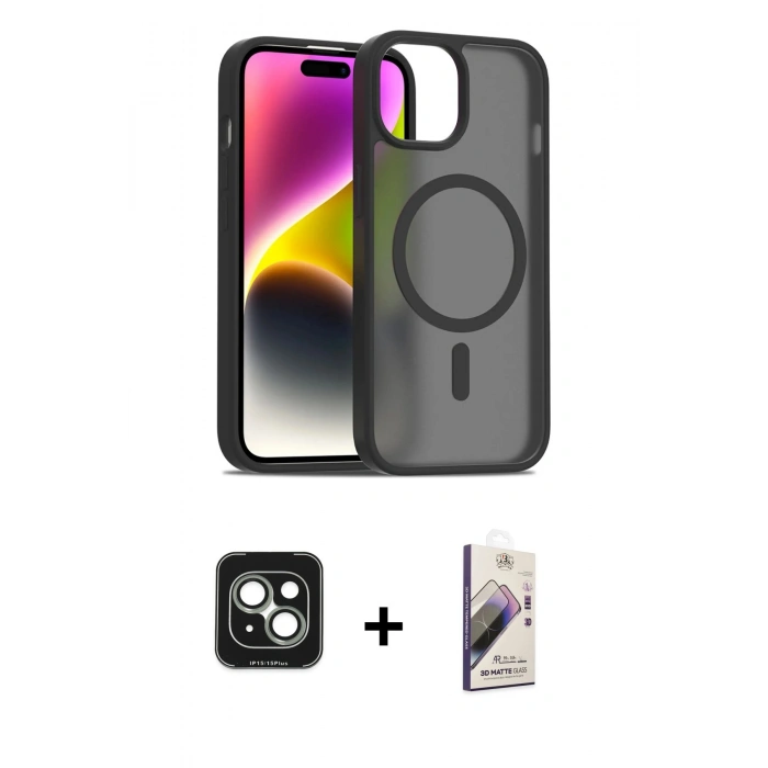 MARSİLYAN™- iPhone 15 Kılıf Siluet Minimal Prime - Siyah Bilvis 3D Mat Cam Ekran Koruyucu + PVD Metal Kamera Lens - YL