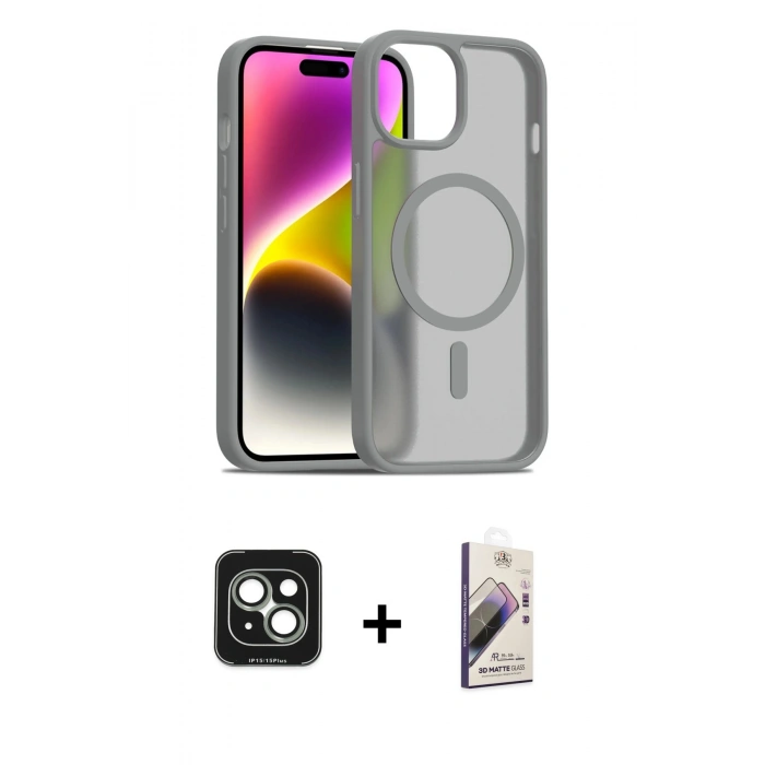 MARSİLYAN™- iPhone 15 Kılıf Siluet Minimal Prime - Siyah Bilvis 3D Mat Cam Ekran Koruyucu + PVD Metal Kamera Lens - YL