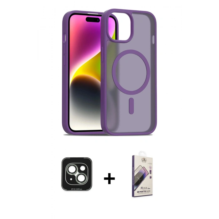 MARSİLYAN™- iPhone 15 Kılıf Siluet Minimal Prime - Siyah Bilvis 3D Mat Cam Ekran Koruyucu + PVD Metal Kamera Lens - YL