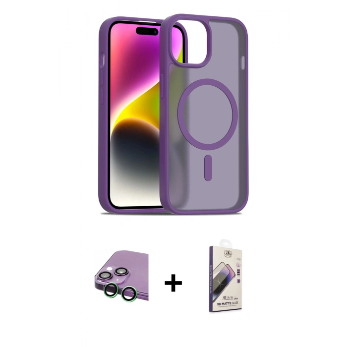 MARSİLYAN™- iPhone 15 Kılıf Siluet Minimal Prime - Siyah Bilvis 3D Mat Cam Ekran Koruyucu + Raze Metal Kamera Lens - YL