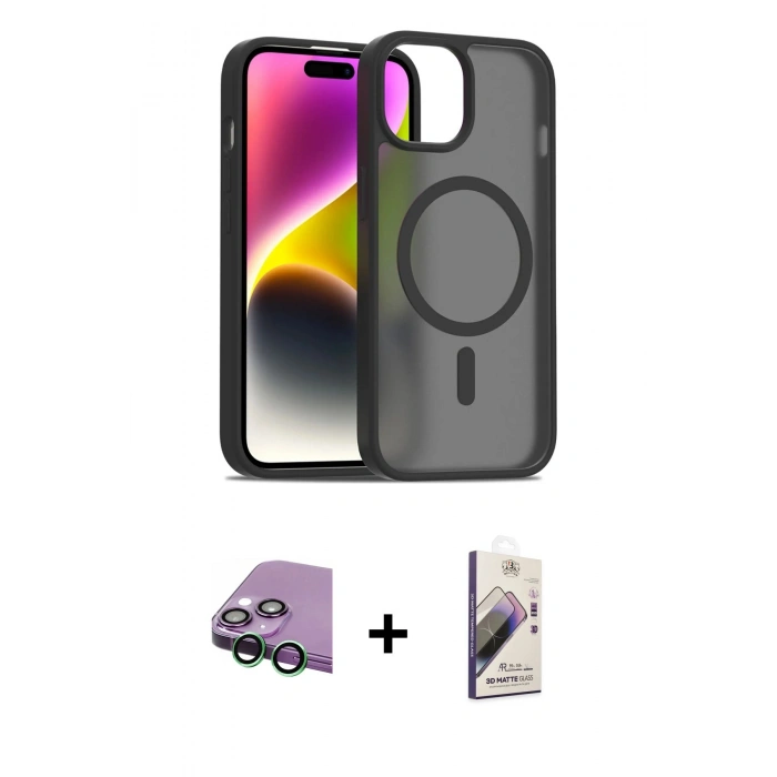 MARSİLYAN™- iPhone 15 Kılıf Siluet Minimal Prime - Siyah Bilvis 3D Mat Cam Ekran Koruyucu + Raze Metal Kamera Lens - YL