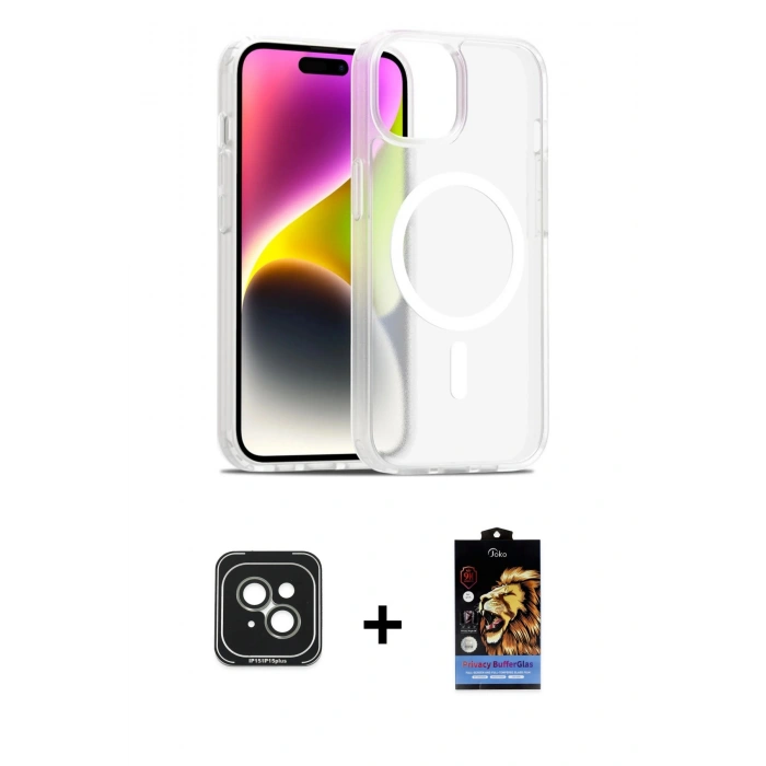 MARSİLYAN™- iPhone 15 Kılıf Siluet Minimal Prime - Siyah Buffer Hayalet Cam Ekran Koruyucu + PVD Metal Kamera Lens - YL