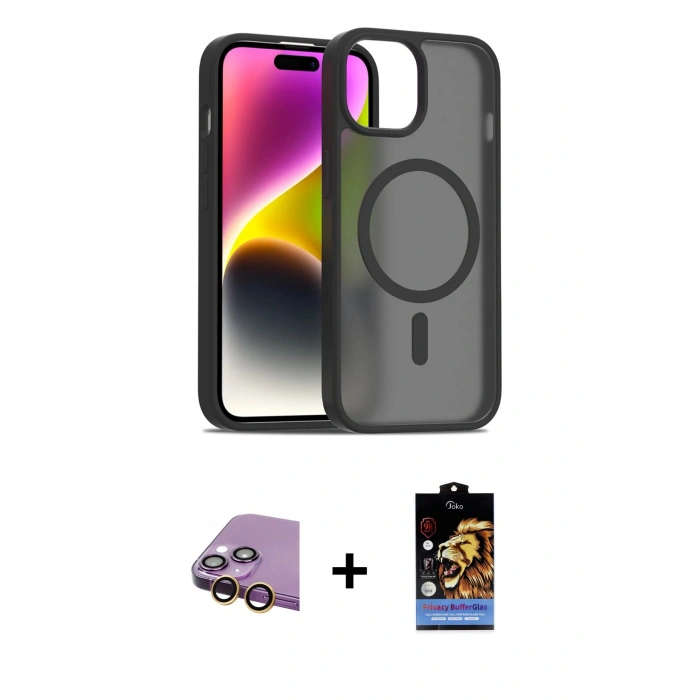 MARSİLYAN™- iPhone 15 Kılıf Siluet Minimal Prime - Siyah Buffer Hayalet Cam Ekran Koruyucu + Raze Metal Kamera Lens - SI