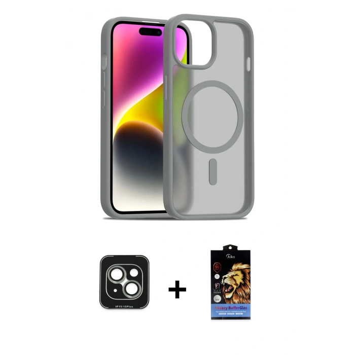 MARSİLYAN™- iPhone 15 Kılıf Siluet Minimal Prime - Siyah Buffer Hayalet Cam Ekran Koruyucu + Yeşil PVD Metal Kamera Lens