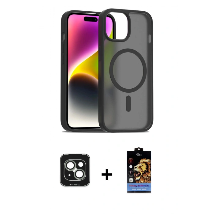 MARSİLYAN™- iPhone 15 Kılıf Siluet Minimal Prime - Siyah Buffer Hayalet Cam Ekran Koruyucu + Yeşil PVD Metal Kamera Lens