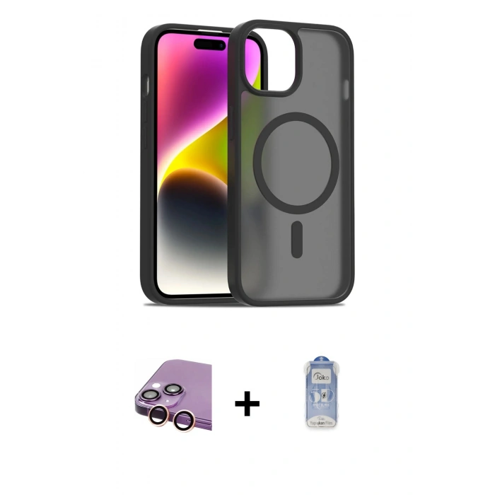 MARSİLYAN™- iPhone 15 Kılıf Siluet Minimal Prime - Siyah Joko Magic 5D Cam + Raze Metal Kamera Lens - PE