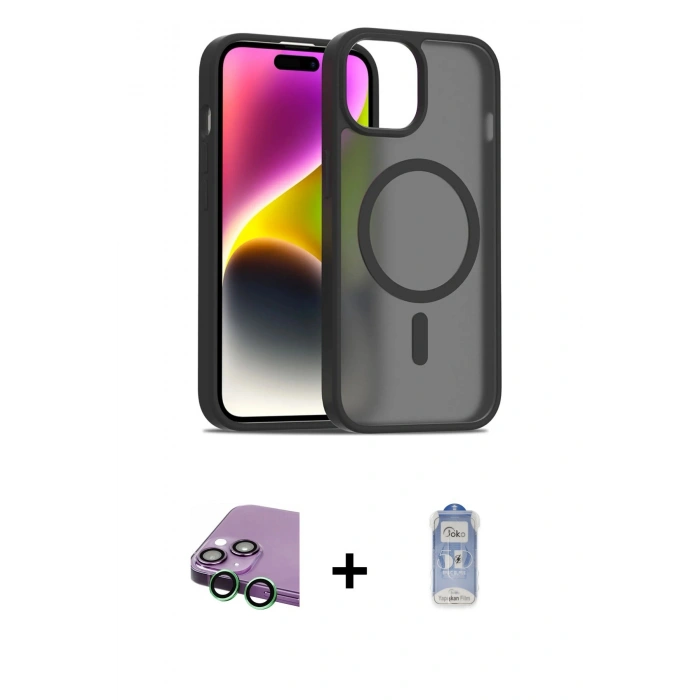 MARSİLYAN™- iPhone 15 Kılıf Siluet Minimal Prime - Siyah Joko Magic 5D Cam + Raze Metal Kamera Lens - YL