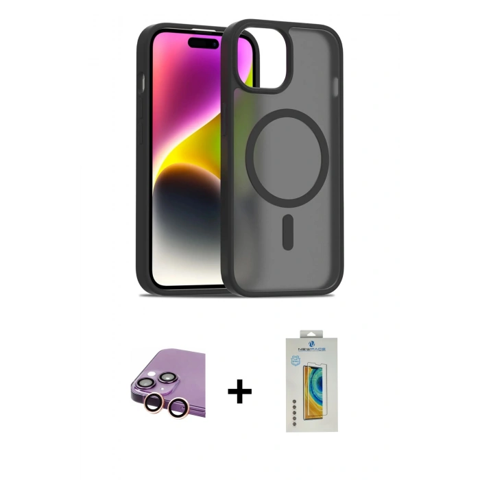MARSİLYAN™- iPhone 15 Kılıf Siluet Minimal Prime - Siyah Polymer Nano Ekran Koruyucu + Raze Metal Kamera Lens - PE