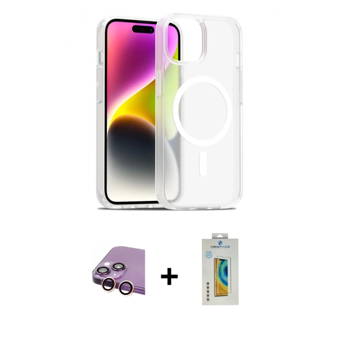 MARSİLYAN™- iPhone 15 Kılıf Siluet Minimal Prime - Siyah Polymer Nano Ekran Koruyucu + Raze Metal Kamera Lens - PE