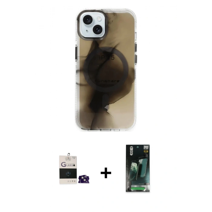 MARSİLYAN™- iPhone 15 Kılıf Ufuk Doku Prime - Şeffaf 360 Full Body Arka Koruyucu + Bilvis Titan Kamera Lens - PE