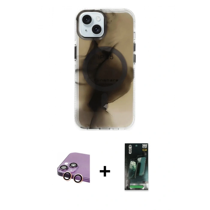 MARSİLYAN™- iPhone 15 Kılıf Ufuk Doku Prime - Şeffaf 360 Full Body Arka Koruyucu + Raze Metal Kamera Lens - PE