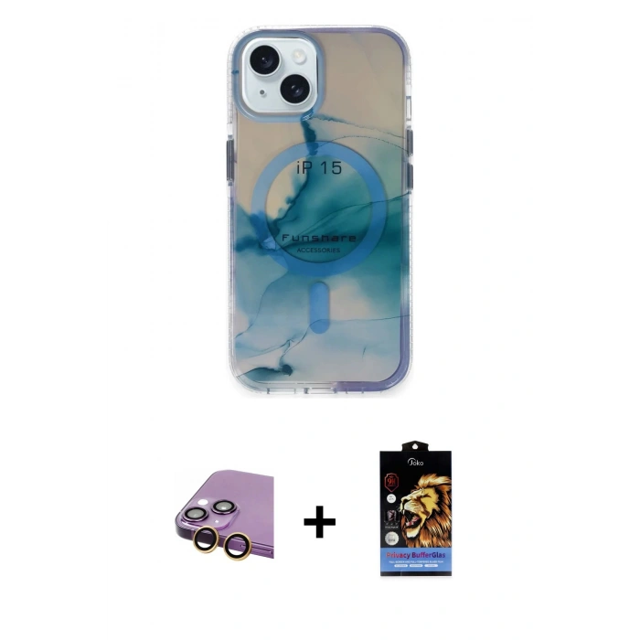 MARSİLYAN™- iPhone 15 Kılıf Ufuk Doku Prime - Siyah Buffer Hayalet Cam Ekran Koruyucu + Raze Metal Kamera Lens - SI