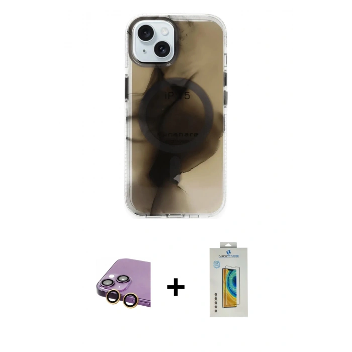 MARSİLYAN™- iPhone 15 Kılıf Ufuk Doku Prime - Siyah Polymer Nano Ekran Koruyucu + Raze Metal Kamera Lens - SI