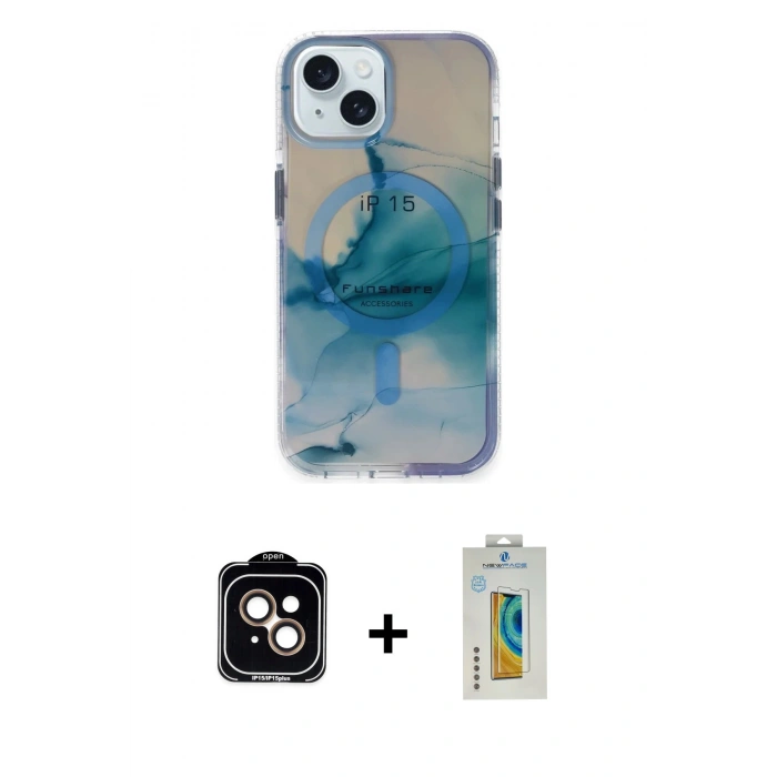 MARSİLYAN™- iPhone 15 Kılıf Ufuk Doku Prime - Siyah Polymer Nano Ekran Koruyucu + PVD Metal Kamera Lens - TU