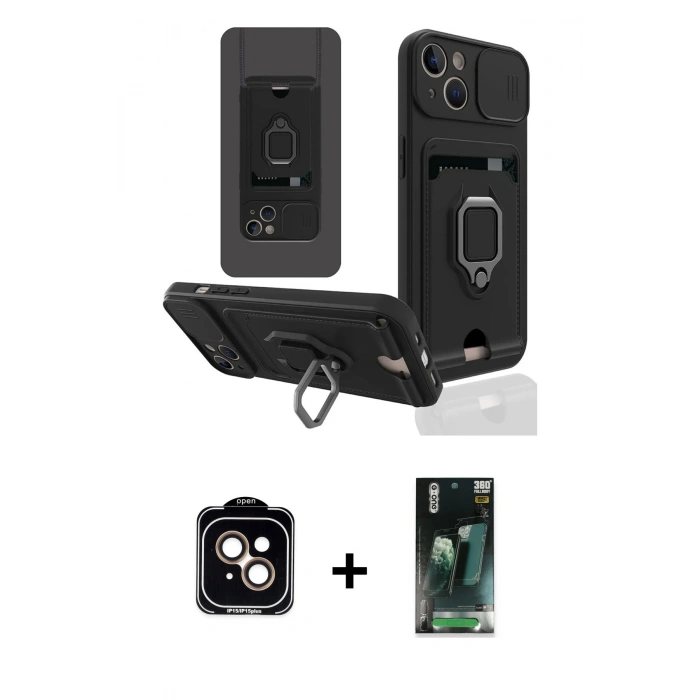 MARSİLYAN™- iPhone 15 Kılıf Vadi Form Prime - Siyah 360 Mat Full Body Arka Koruyucu + PVD Metal Kamera Lens - TU