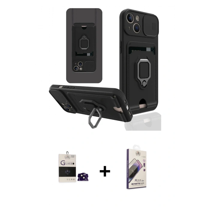 MARSİLYAN™- iPhone 15 Kılıf Vadi Form Prime - Siyah Bilvis 3D Mat Cam Ekran Koruyucu + Bilvis Titan Kamera Lens - SH