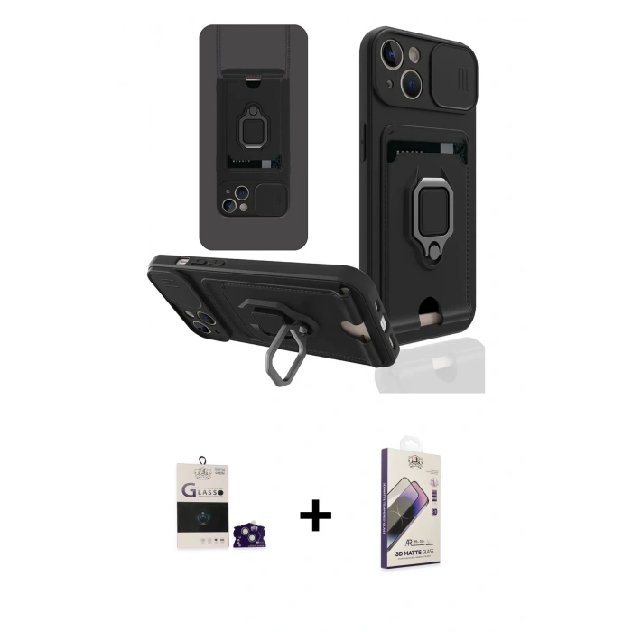 MARSİLYAN™- iPhone 15 Kılıf Vadi Form Prime - Siyah Bilvis 3D Mat Cam Ekran Koruyucu + Bilvis Titan Kamera Lens - YL