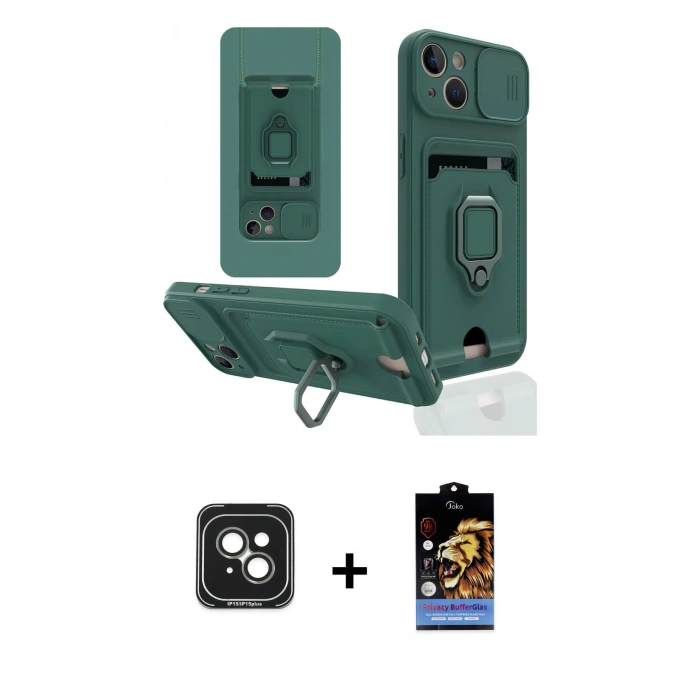 MARSİLYAN™- iPhone 15 Kılıf Vadi Form Prime - Siyah Buffer Hayalet Cam Ekran Koruyucu + PVD Metal Kamera Lens - YL