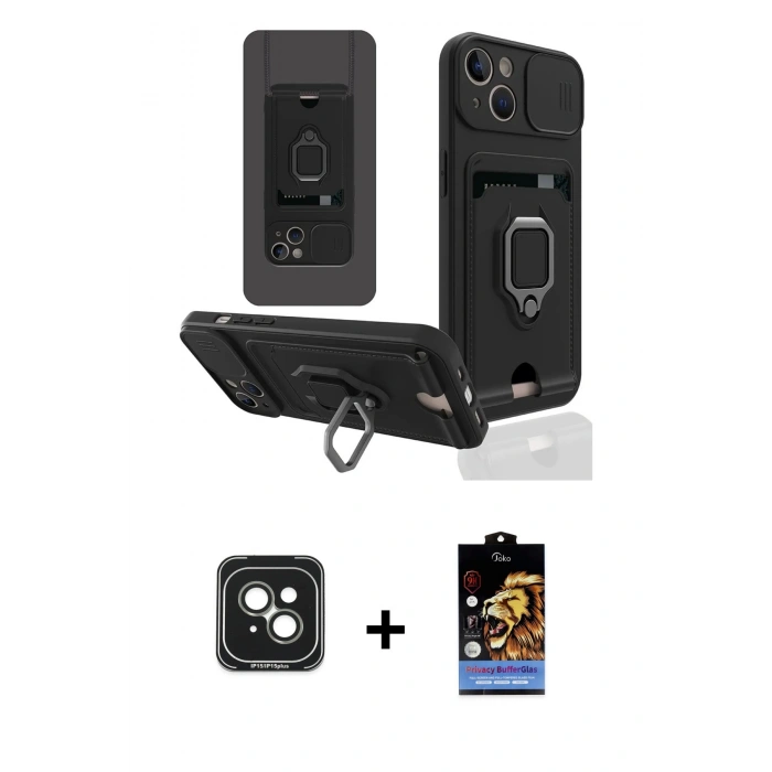 MARSİLYAN™- iPhone 15 Kılıf Vadi Form Prime - Siyah Buffer Hayalet Cam Ekran Koruyucu + PVD Metal Kamera Lens - YL
