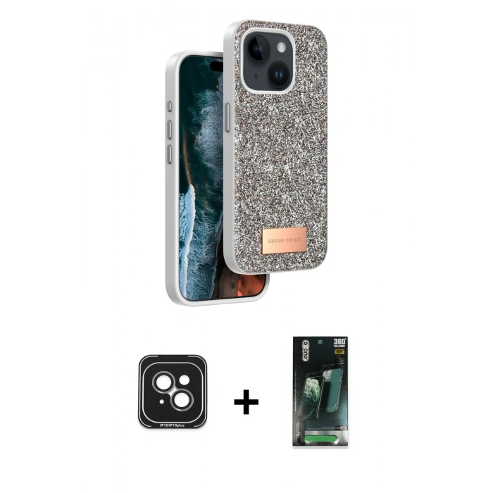 MARSİLYAN™- iPhone 15 Kılıf Vadi Klasik Serisi - Şeffaf 360 Full Body Arka Koruyucu + PVD Metal Kamera Lens - YL