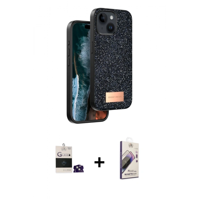 MARSİLYAN™- iPhone 15 Kılıf Vadi Klasik Serisi - Siyah Bilvis 3D Mat Cam Ekran Koruyucu + Bilvis Titan Kamera Lens - YL