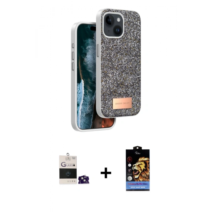 MARSİLYAN™- iPhone 15 Kılıf Vadi Klasik Serisi - Siyah Buffer Hayalet Cam Ekran Koruyucu + Bilvis Titan Kamera Lens - YL