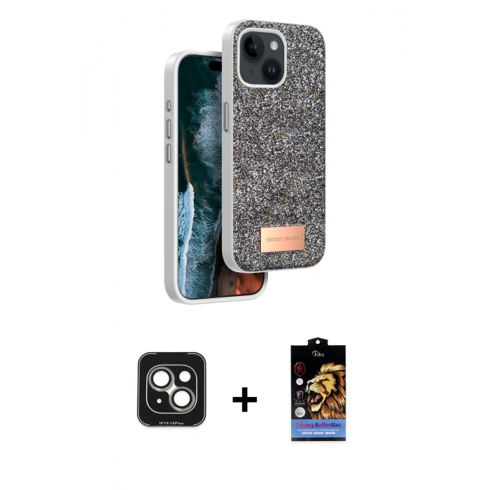 MARSİLYAN™- iPhone 15 Kılıf Vadi Klasik Serisi - Siyah Buffer Hayalet Cam Ekran Koruyucu + PVD Metal Kamera Lens - YL