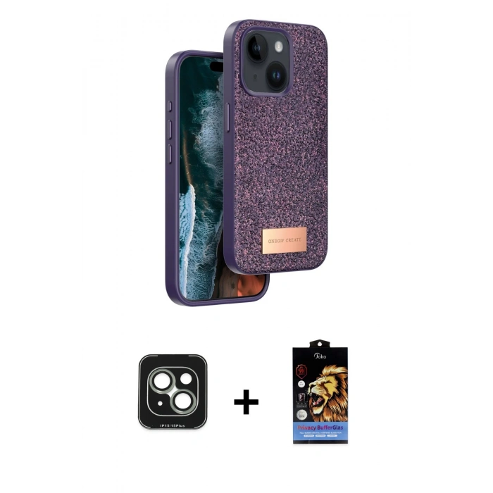 MARSİLYAN™- iPhone 15 Kılıf Vadi Klasik Serisi - Siyah Buffer Hayalet Cam Ekran Koruyucu + PVD Metal Kamera Lens - YL