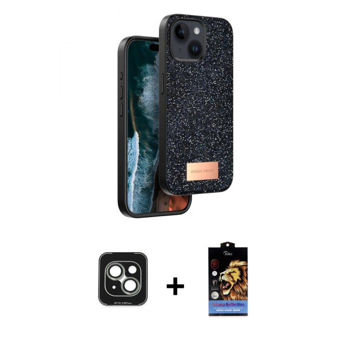 MARSİLYAN™- iPhone 15 Kılıf Vadi Klasik Serisi - Siyah Buffer Hayalet Cam Ekran Koruyucu + PVD Metal Kamera Lens - YL