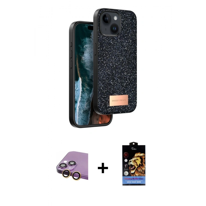 MARSİLYAN™- iPhone 15 Kılıf Vadi Klasik Serisi - Siyah Buffer Hayalet Cam Ekran Koruyucu + Raze Metal Kamera Lens - SI