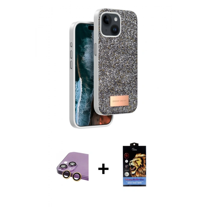 MARSİLYAN™- iPhone 15 Kılıf Vadi Klasik Serisi - Siyah Buffer Hayalet Cam Ekran Koruyucu + Raze Metal Kamera Lens - SI