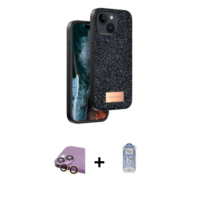 MARSİLYAN™- iPhone 15 Kılıf Vadi Klasik Serisi - Siyah Joko Magic 5D Cam + Raze Metal Kamera Lens - SI