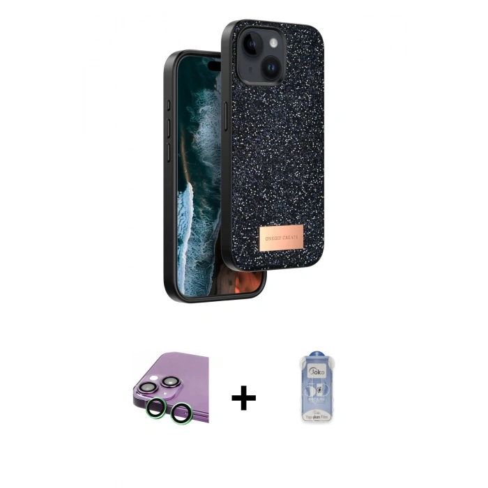 MARSİLYAN™- iPhone 15 Kılıf Vadi Klasik Serisi - Siyah Joko Magic 5D Cam + Raze Metal Kamera Lens - YL