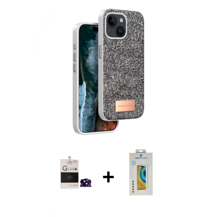 MARSİLYAN™- iPhone 15 Kılıf Vadi Klasik Serisi - Siyah Polymer Nano Ekran Koruyucu + Bilvis Titan Kamera Lens - SH