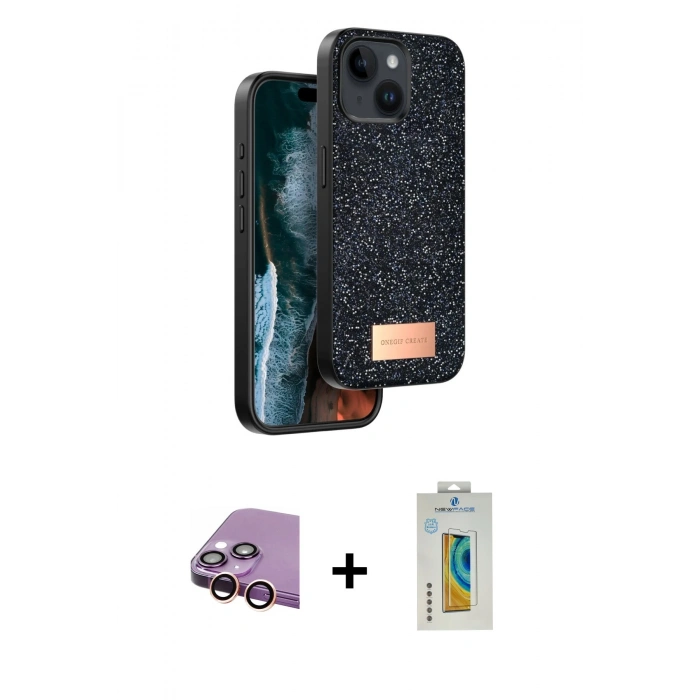MARSİLYAN™- iPhone 15 Kılıf Vadi Klasik Serisi - Siyah Polymer Nano Ekran Koruyucu + Raze Metal Kamera Lens - PE