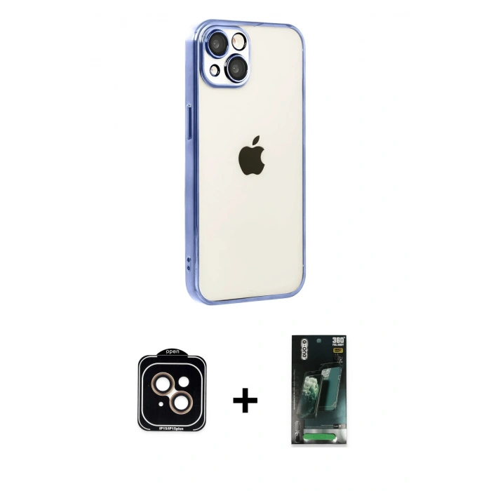 MARSİLYAN™- iPhone 15 Kılıf Vadi Minimal - Şeffaf 360 Full Body Arka Koruyucu + PVD Metal Kamera Lens - TU