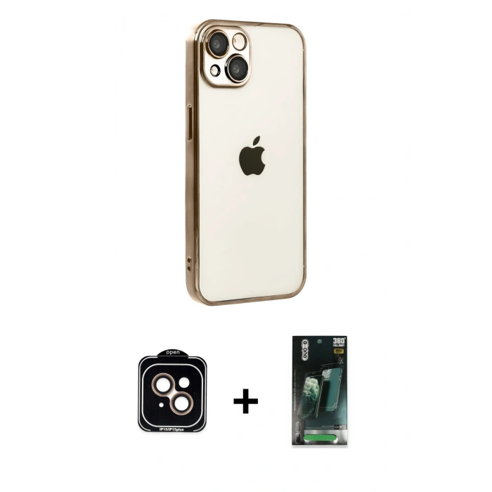 MARSİLYAN™- iPhone 15 Kılıf Vadi Minimal - Şeffaf 360 Full Body Arka Koruyucu + PVD Metal Kamera Lens - TU