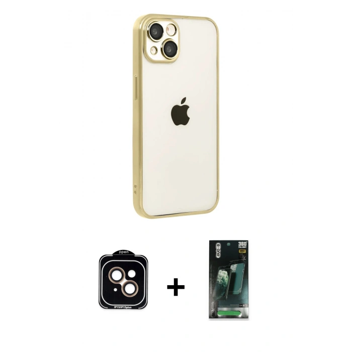 MARSİLYAN™- iPhone 15 Kılıf Vadi Minimal - Şeffaf 360 Full Body Arka Koruyucu + PVD Metal Kamera Lens - TU