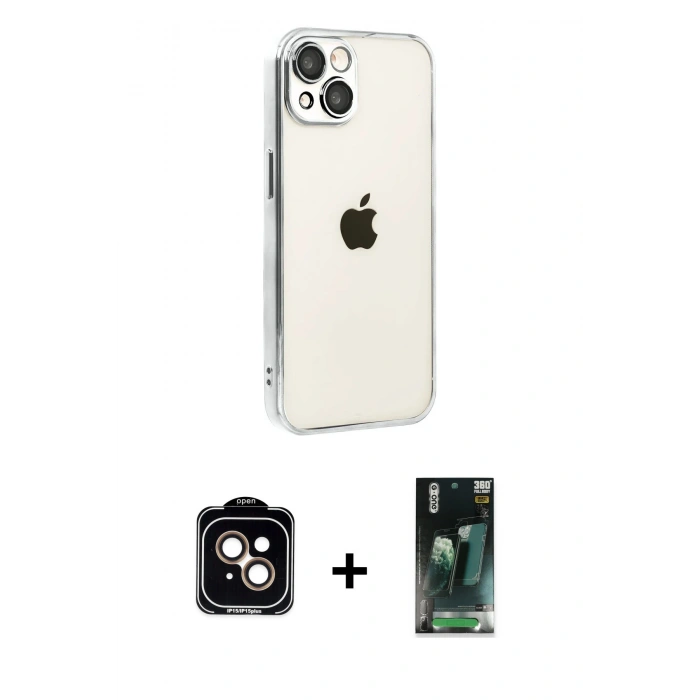 MARSİLYAN™- iPhone 15 Kılıf Vadi Minimal - Şeffaf 360 Full Body Arka Koruyucu + PVD Metal Kamera Lens - TU