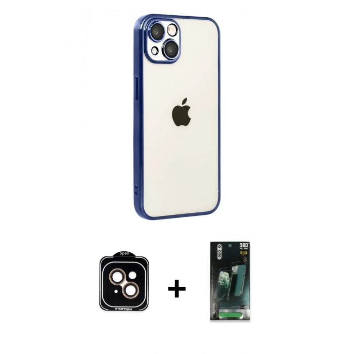 MARSİLYAN™- iPhone 15 Kılıf Vadi Minimal - Şeffaf 360 Full Body Arka Koruyucu + PVD Metal Kamera Lens - TU