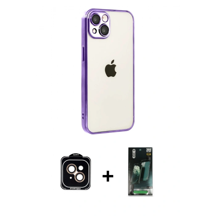 MARSİLYAN™- iPhone 15 Kılıf Vadi Minimal - Şeffaf 360 Full Body Arka Koruyucu + PVD Metal Kamera Lens - TU
