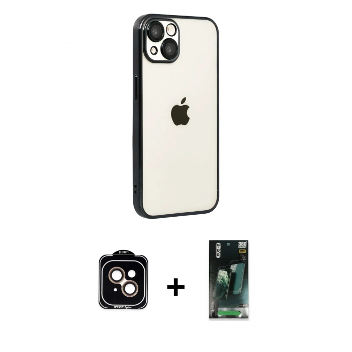 MARSİLYAN™- iPhone 15 Kılıf Vadi Minimal - Şeffaf 360 Full Body Arka Koruyucu + PVD Metal Kamera Lens - TU