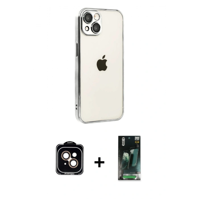 MARSİLYAN™- iPhone 15 Kılıf Vadi Minimal - Şeffaf 360 Full Body Arka Koruyucu + PVD Metal Kamera Lens - TU