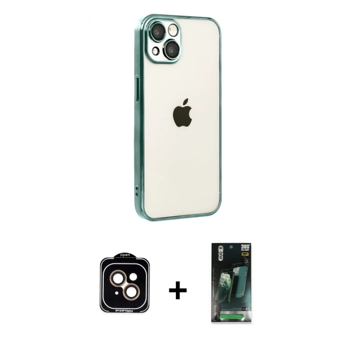 MARSİLYAN™- iPhone 15 Kılıf Vadi Minimal - Şeffaf 360 Full Body Arka Koruyucu + PVD Metal Kamera Lens - TU