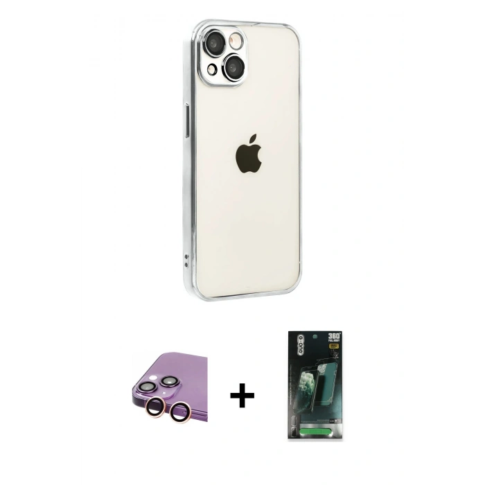 MARSİLYAN™- iPhone 15 Kılıf Vadi Minimal - Şeffaf 360 Full Body Arka Koruyucu + Raze Metal Kamera Lens - PE