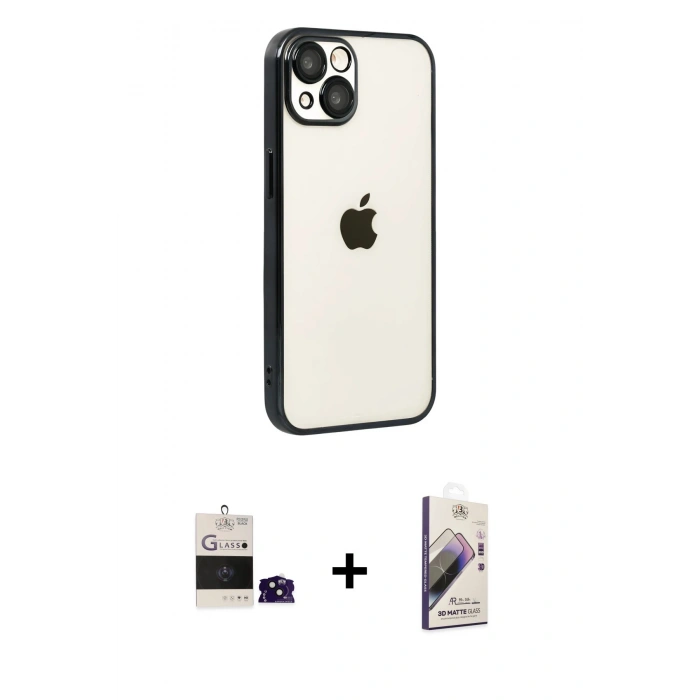 MARSİLYAN™- iPhone 15 Kılıf Vadi Minimal - Siyah Bilvis 3D Mat Cam Ekran Koruyucu + Bilvis Titan Kamera Lens - SH