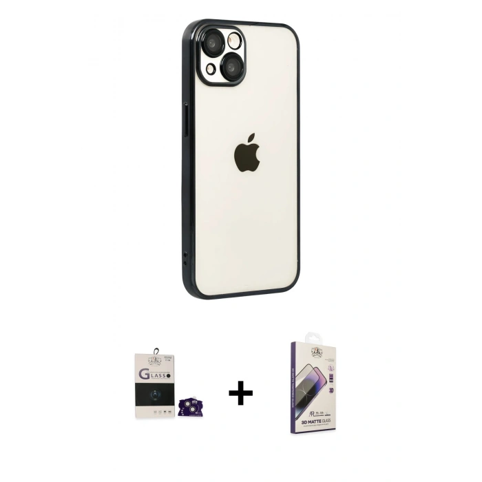 MARSİLYAN™- iPhone 15 Kılıf Vadi Minimal - Siyah Bilvis 3D Mat Cam Ekran Koruyucu + Bilvis Titan Kamera Lens - PE
